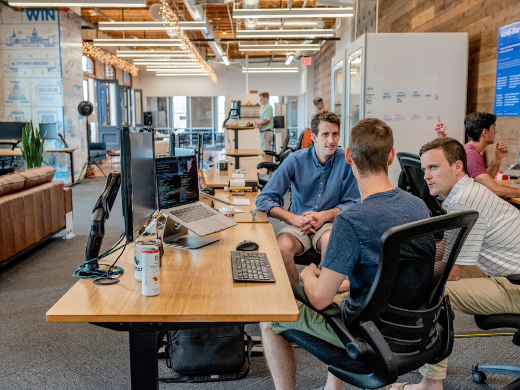 Team discussing B2B lead generation strategies in an office